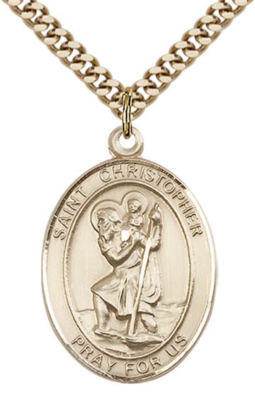 14KT GOLD FILLED ST. CHRISTOPHER PENDANT ON A CHAIN - 1" x 3/4"